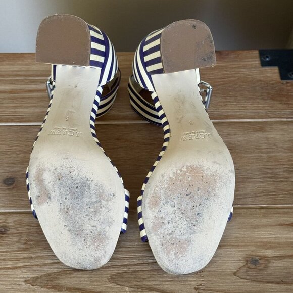 J. Crew Leather Light Cream Navy Stripe Ankle Strap Open Toe Block Heel Sandals - Picture 15 of 16